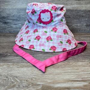 Hello Kitty Pink Gingham Bucket Hat Roses Strawberry Bows‎ Removable Ties
